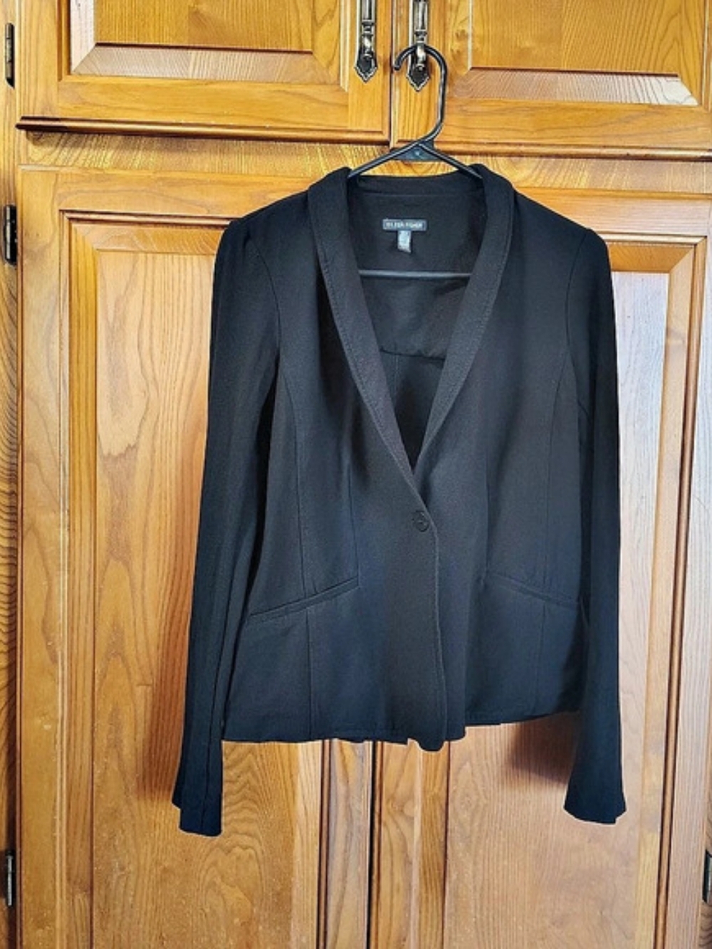 Eileen Fisher Black Blazer Viscose Stretch Crepe Shawl Collar Button Front Sz XS